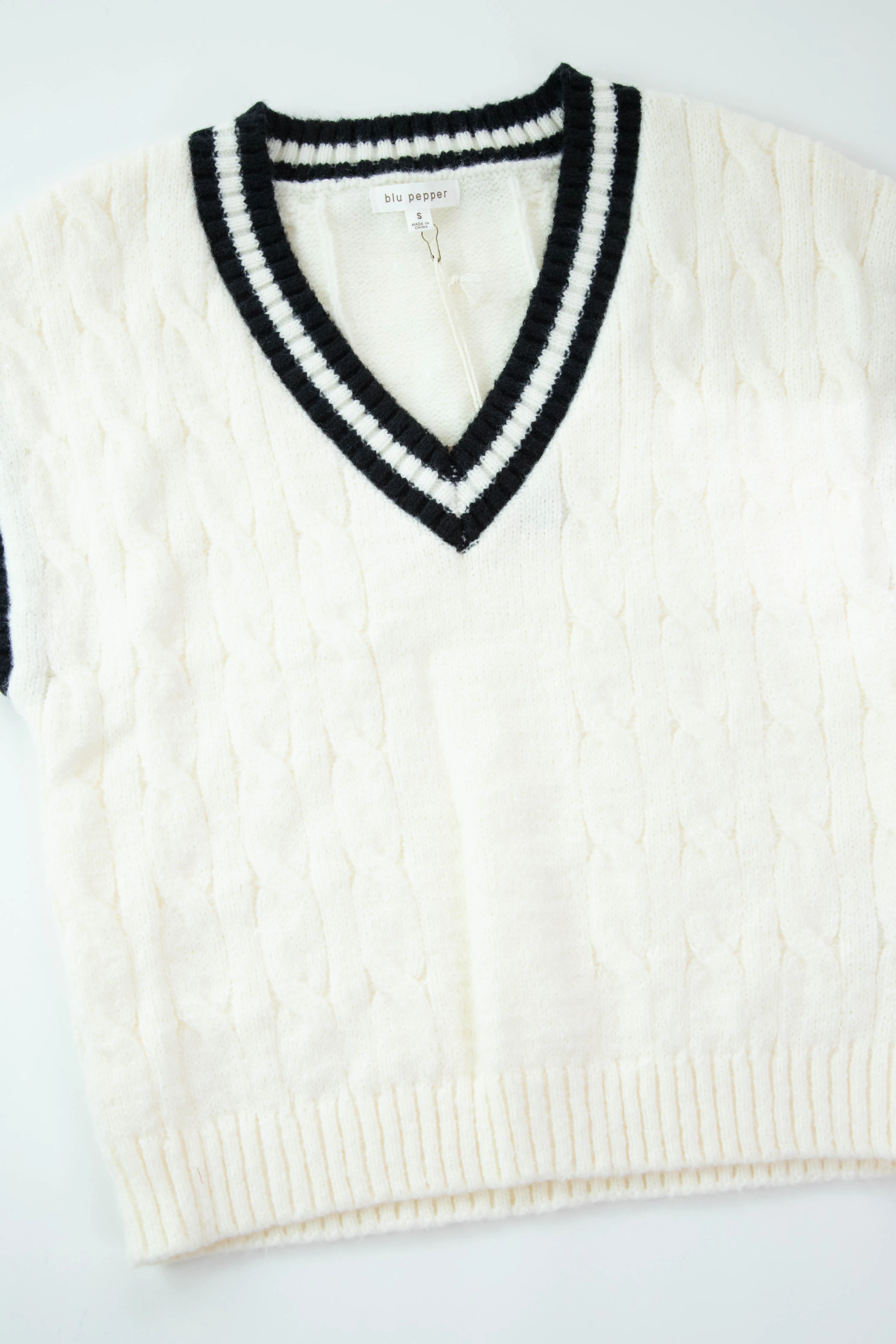 Alora Cable Knit V-Neck Sweater Vest, Cream