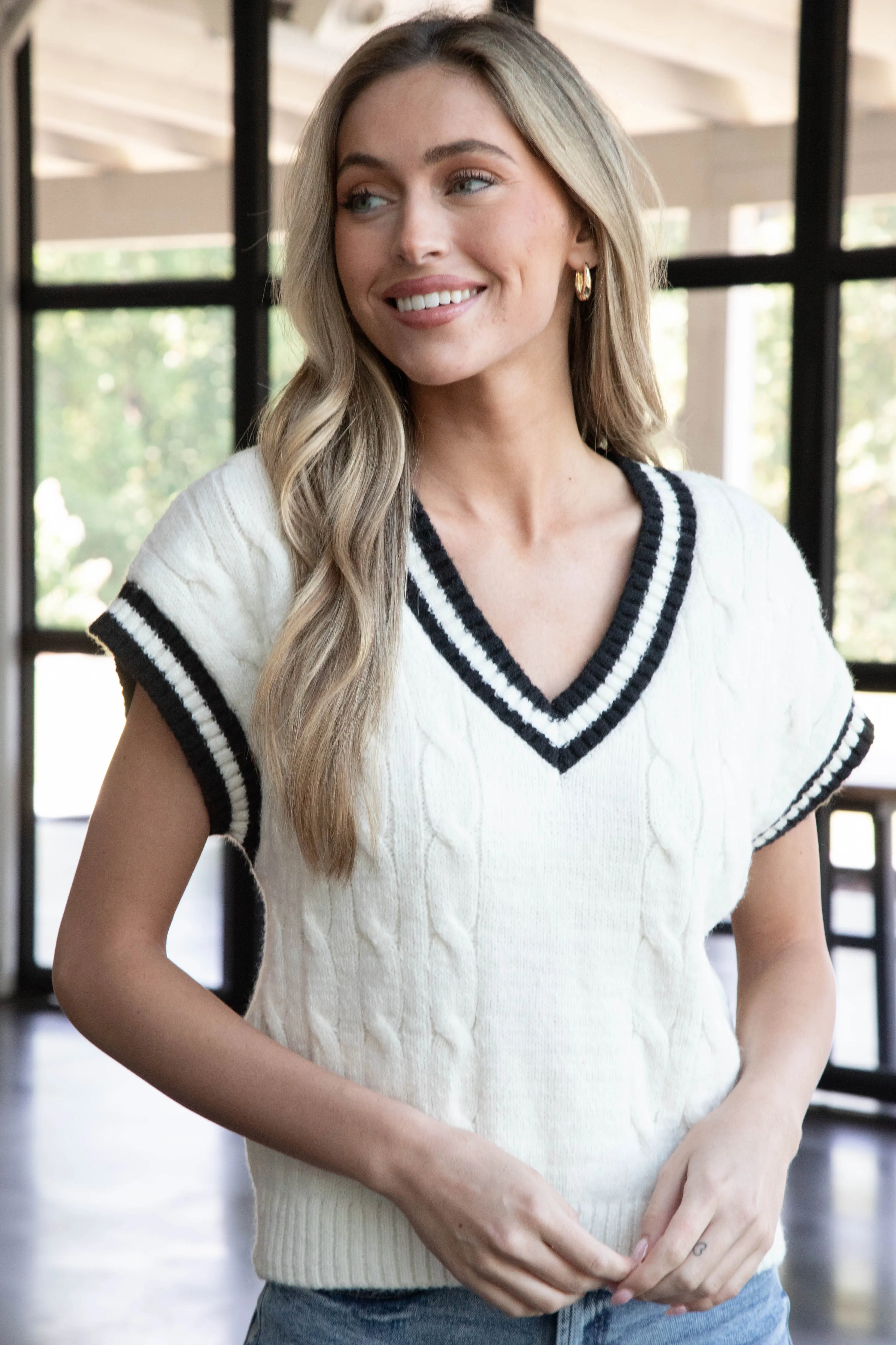 Alora Cable Knit V-Neck Sweater Vest, Cream