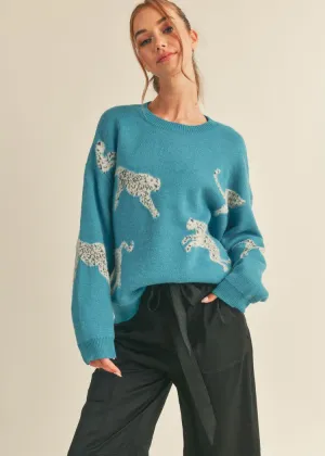 Amari Leopard Knit Sweater- Teal ***FINAL SALE***