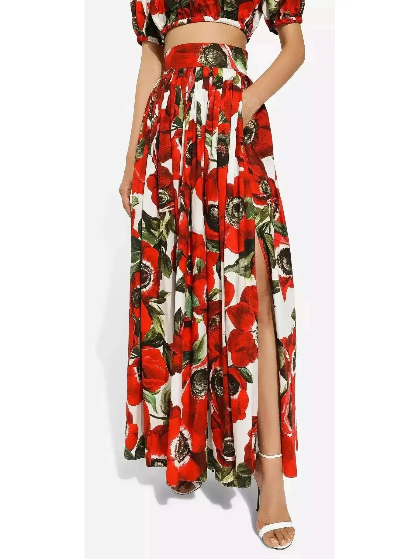 Anemone Floral Printed Cotton Poplin Bardot-Neck Crop Top and Maxi Skirt Set