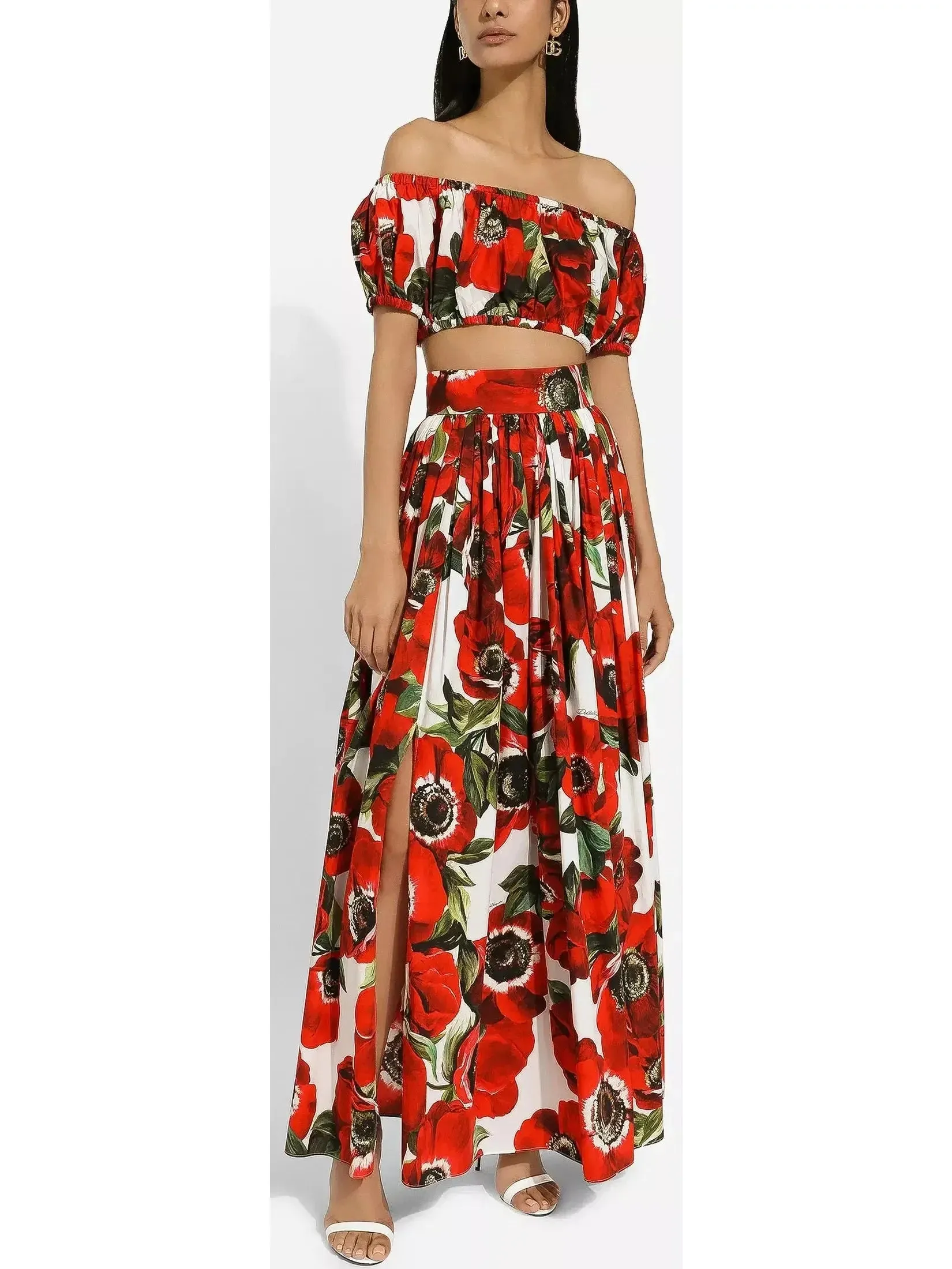 Anemone Floral Printed Cotton Poplin Bardot-Neck Crop Top and Maxi Skirt Set