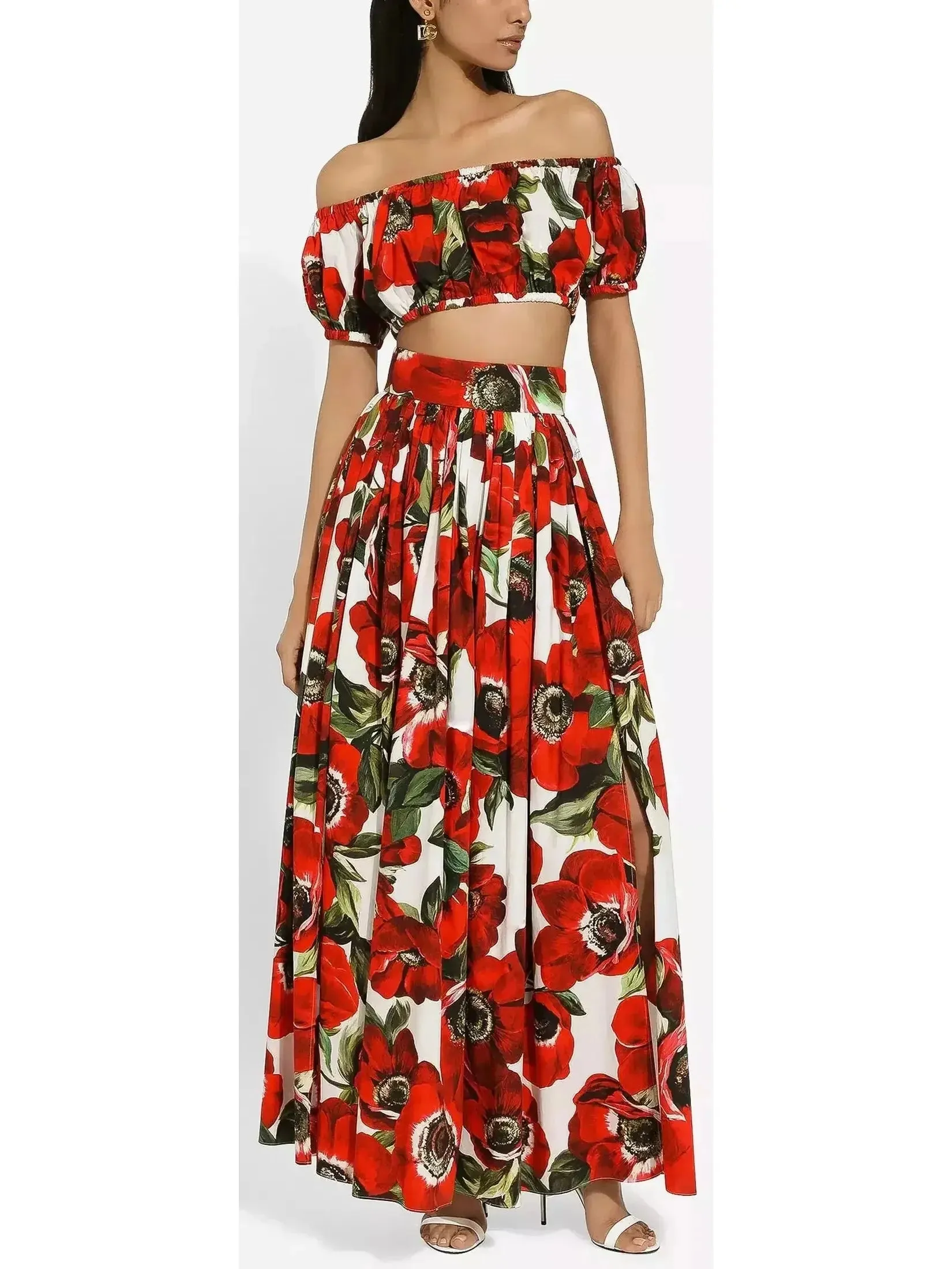 Anemone Floral Printed Cotton Poplin Bardot-Neck Crop Top and Maxi Skirt Set