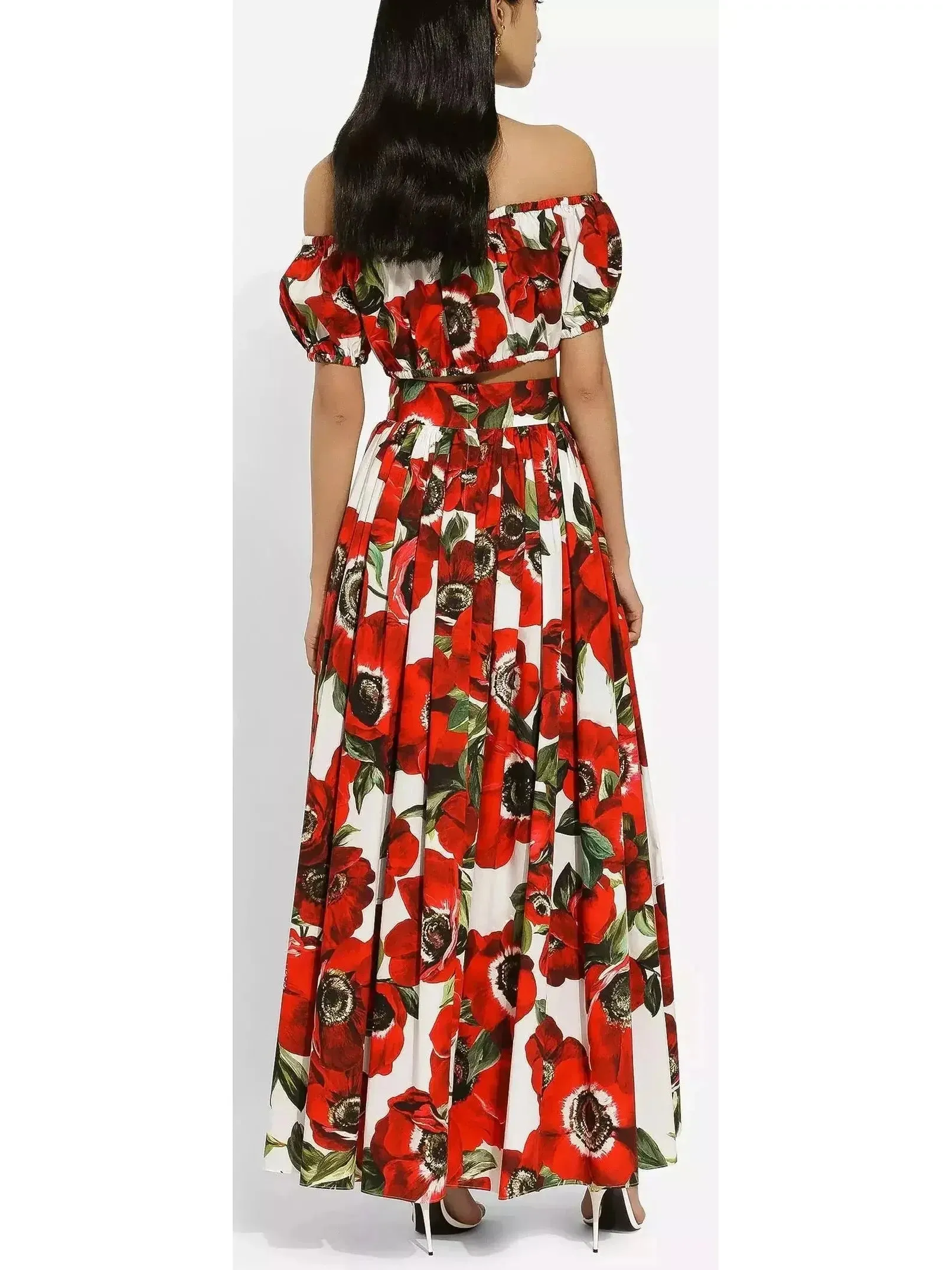 Anemone Floral Printed Cotton Poplin Bardot-Neck Crop Top and Maxi Skirt Set