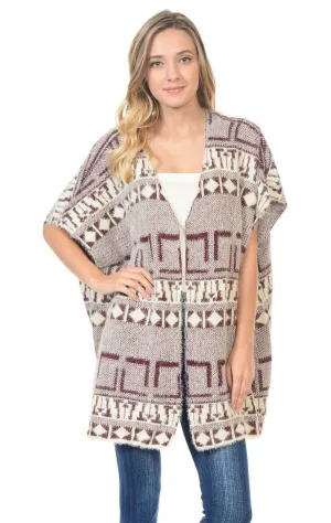 Aztec Cardigan Tribal Sweater Furry Vests Burgundy