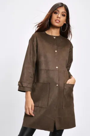 Brown Suedette Long Pocketted Coat Without Collar