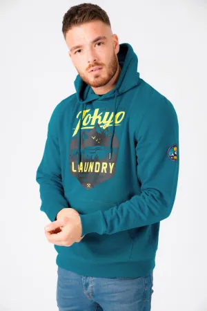 Calegreen Outdoor Motif Brush Back Fleece Pullover Hoodie In Moroccan Blue - Tokyo Laundry