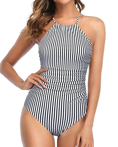 Criss Cross One Piece High Neck Swimsuit For Women Tummy Control Bathing Suit-Black And White Stripe