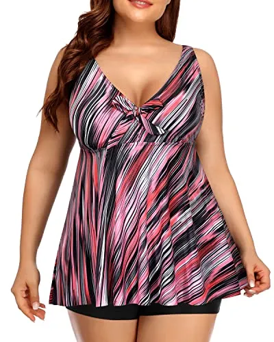 Flowy Bathing Suits Shorts Tummy Control Swimwear Plus Size Tankini Set-Pink Stripe