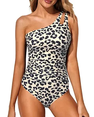 Full Coverage One Shoulder One Piece Swimsuits For Women-Leopard