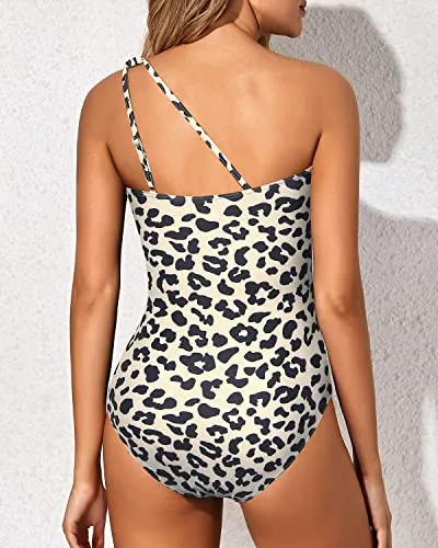 Full Coverage One Shoulder One Piece Swimsuits For Women-Leopard