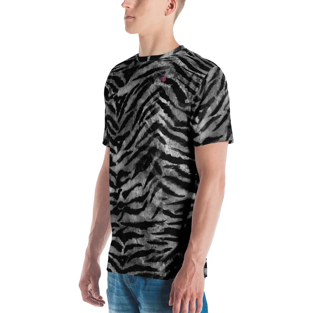 Grey Tiger Stripes Men's T-shirt, Animal Print Premium Tiger Tees For Men-Made in USA/EU