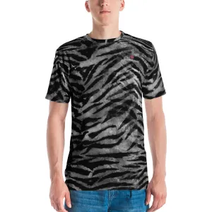 Grey Tiger Stripes Men's T-shirt, Animal Print Premium Tiger Tees For Men-Made in USA/EU