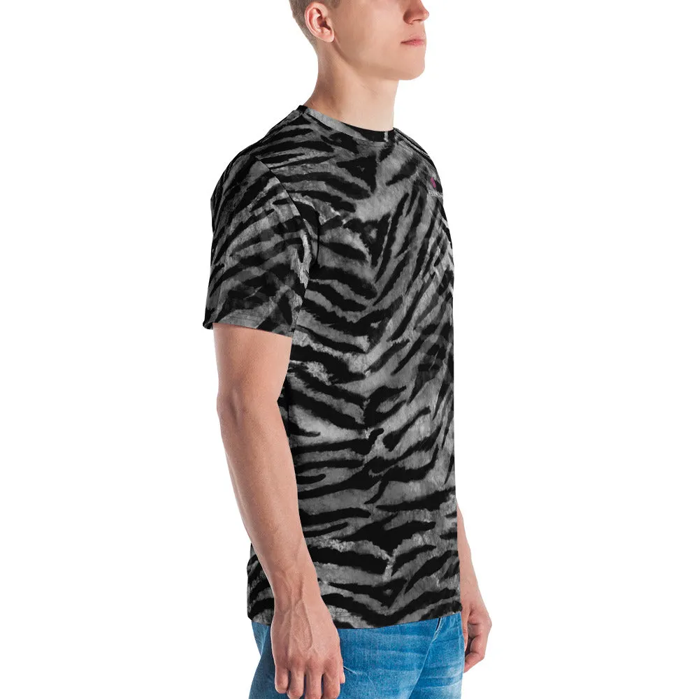 Grey Tiger Stripes Men's T-shirt, Animal Print Premium Tiger Tees For Men-Made in USA/EU