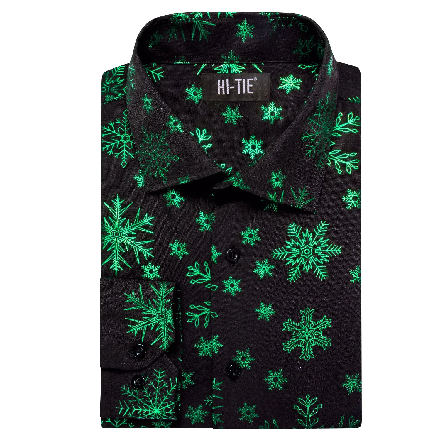 Hi-Tie Black Shirt Green Snowflake Men's Long Sleeve Shirt Christmas