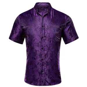 Hi-Tie Deep Purple Paisley Silk Men's Button Down Short Sleeve Shirt