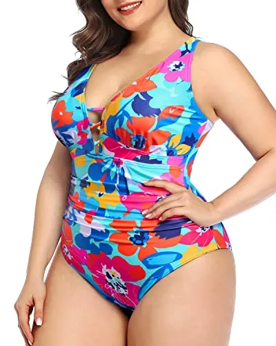 Lace-Up Plunge V Neck Plus Size Women's One Piece Swimwear