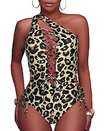 Lace Up Strappy Thong Monokini Bathing Suit-Leopard