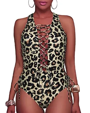 Lace Up Strappy Thong Monokini Bathing Suit-Leopard