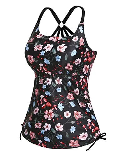 Long & Loose Ruched Tankini Tops With Tie Side Drawstrings Swim Tank Top-Black Floral