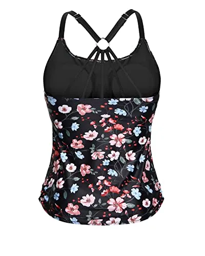 Long & Loose Ruched Tankini Tops With Tie Side Drawstrings Swim Tank Top-Black Floral