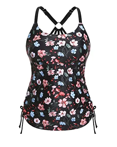 Long & Loose Ruched Tankini Tops With Tie Side Drawstrings Swim Tank Top-Black Floral