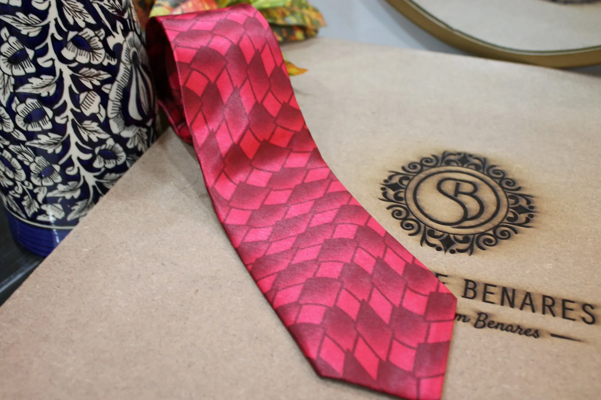 Maroon Checks Pure Banarasi Satin Silk Printed Neck Tie