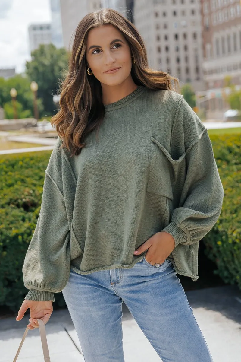 Olive Exposed Seam Pocket Sweater - FINAL SALE