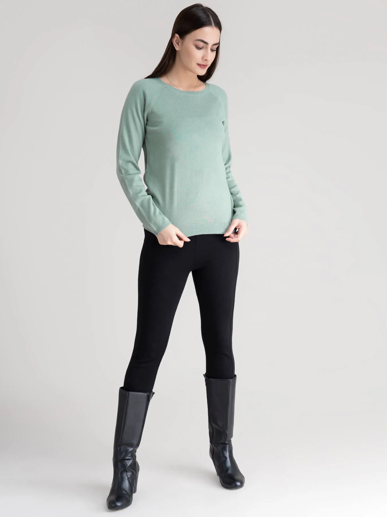 Raglan Sleeve Knit Sweater - Sap Green