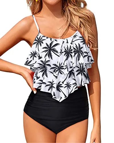 Retro Tummy Control Two Piece Ruffle Tankini Swimsuits For Women-Black Palm Tree