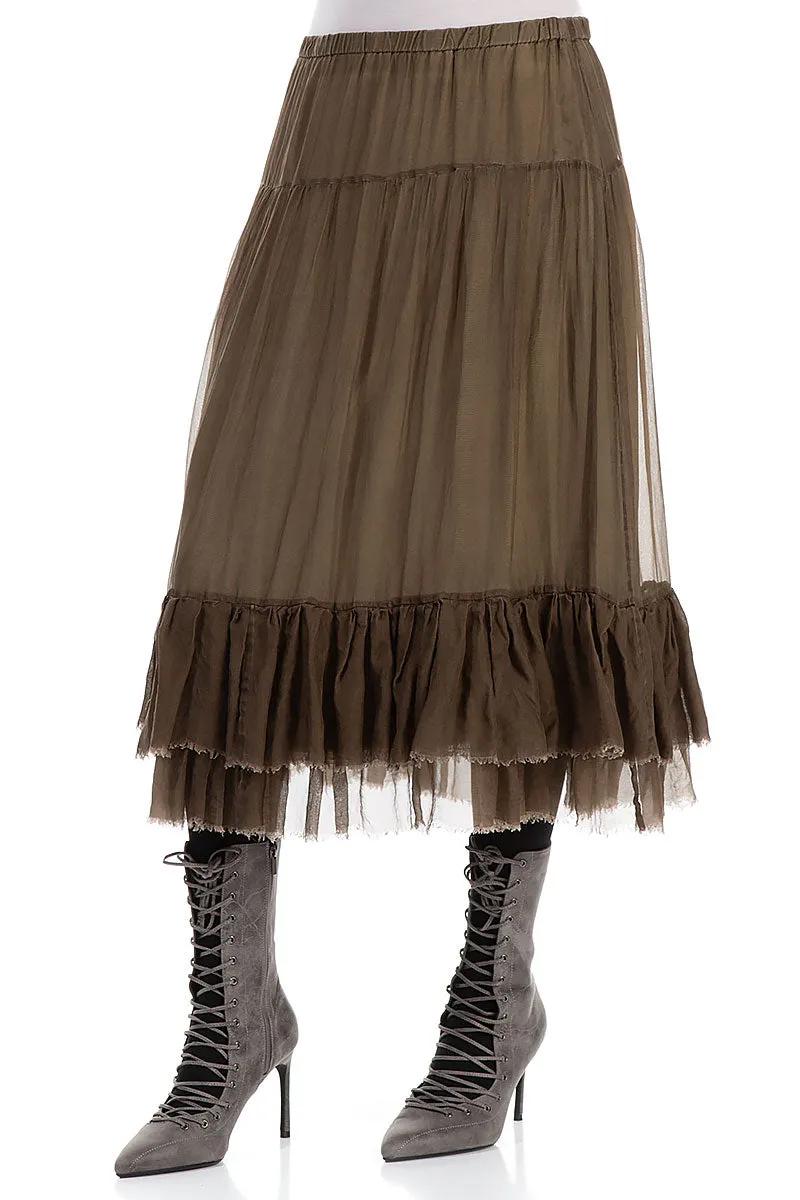 Ruffled Silver Sage Silk Chiffon Midi Skirt