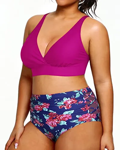 Sexy V Neck High Waisted Plus Size Bikini Bathing Suits-Pink Floral