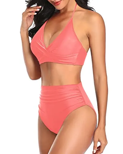 Stylish Halter Bikini Set Tummy Control Swimsuits Two Piece-Coral Pink