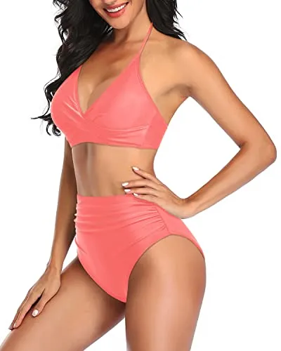 Stylish Halter Bikini Set Tummy Control Swimsuits Two Piece-Coral Pink