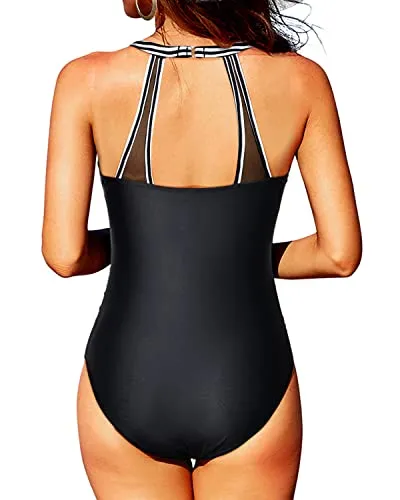 Tummy Control Mesh One Piece Swimsuit With High Neck For Women Swimwear-Black And White Stripe