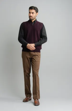 V-Neck Plain Sweater Sleeve-Less - Burgundy