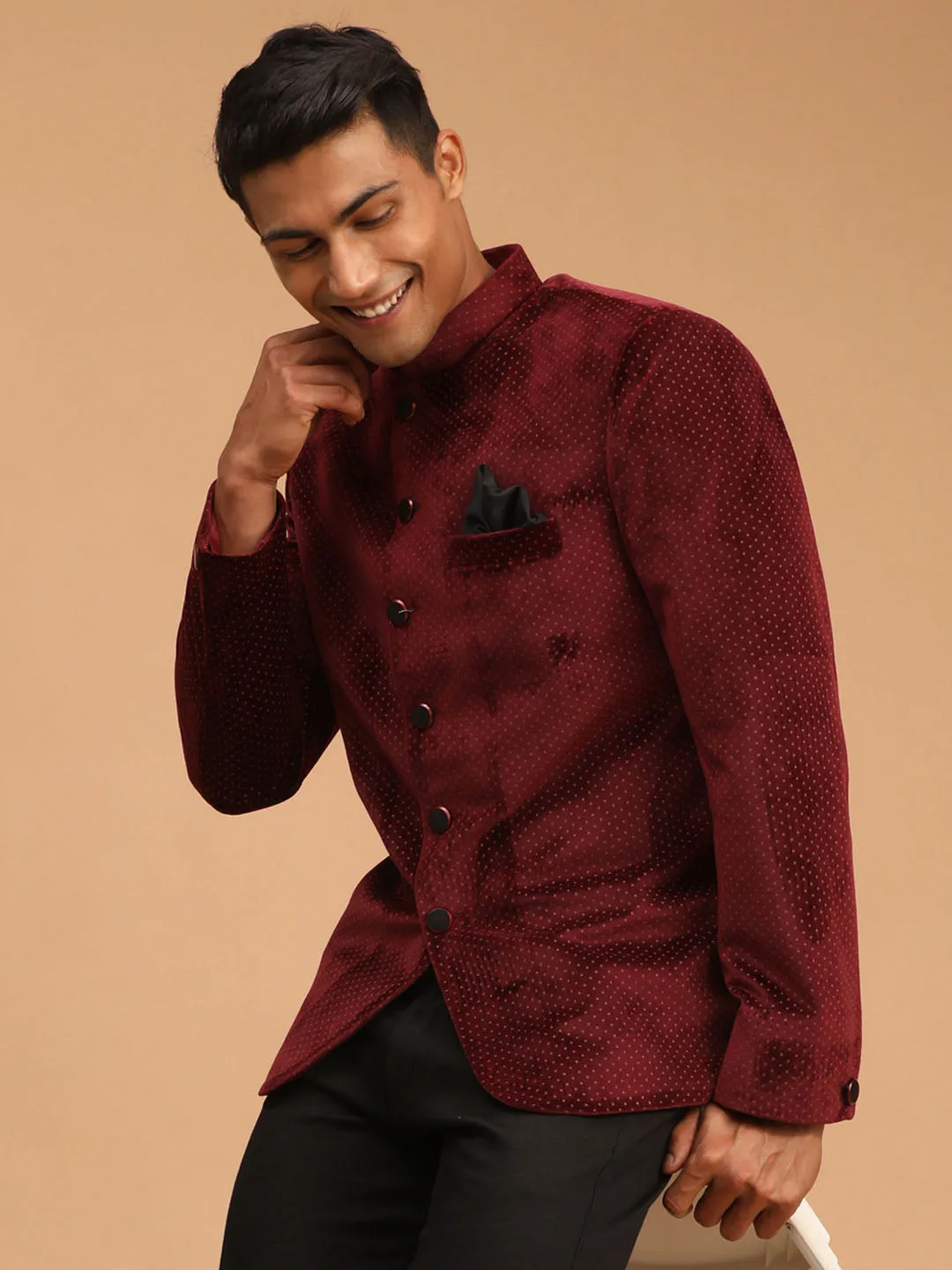 Vastramay Maroon Polka Dot Velvet Jodhpuri