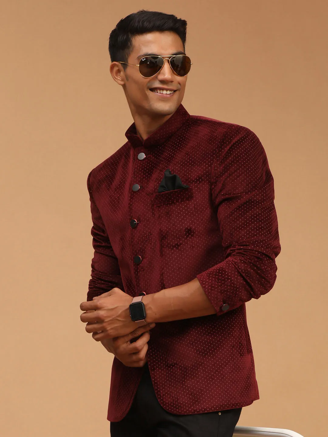 Vastramay Maroon Polka Dot Velvet Jodhpuri