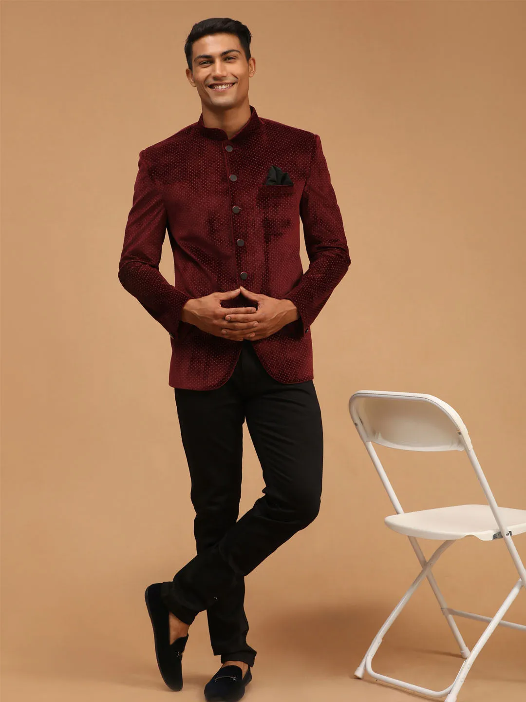 Vastramay Maroon Polka Dot Velvet Jodhpuri