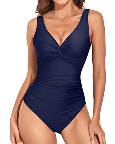 Vintage V Neck Plunge One Piece Swimsuit For Women-Navy Blue