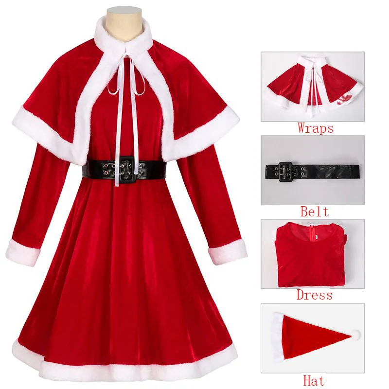 Womens Girls Santa Claus Christmas Costume Velvet Dress with Belt Hat Wraps