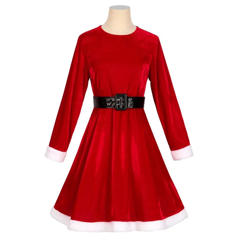 Womens Girls Santa Claus Christmas Costume Velvet Dress with Belt Hat Wraps