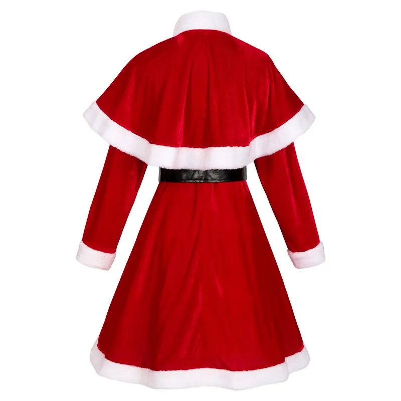 Womens Girls Santa Claus Christmas Costume Velvet Dress with Belt Hat Wraps